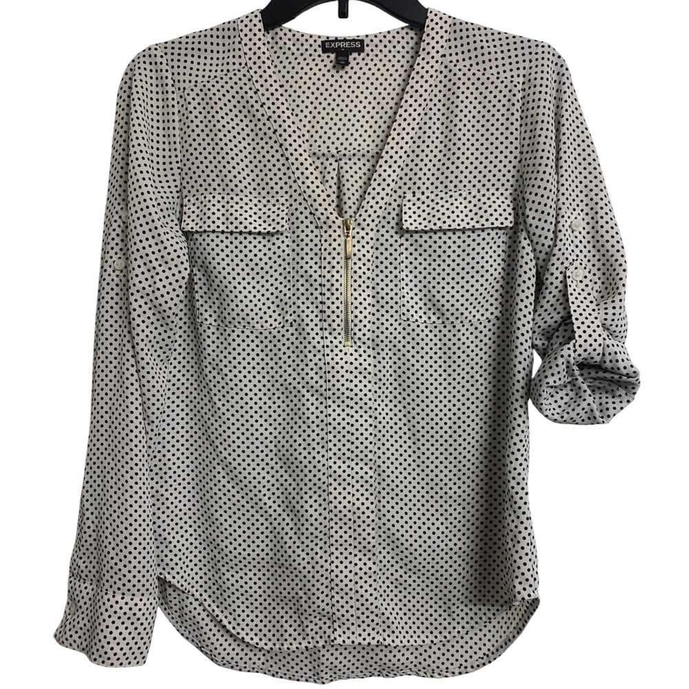 Express Polka Dot Roll Tab‎ Sleeve Half Zip Blouse White Black XS